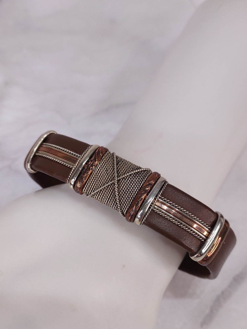 Brown Leather Cuff Bracelet with Mixed Metal Accents